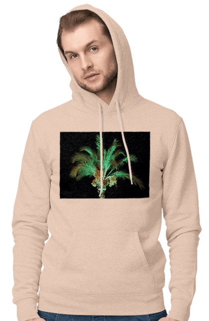 Чоловіче худі з принтом "Фінікова Пальма Вночі". Берег, відпочинок, відпустка, зелений, море, ніч, оазис, океан, острів, пальма, південь, подорож, пригоди, тропіки, фінікова, чорне. 2070702