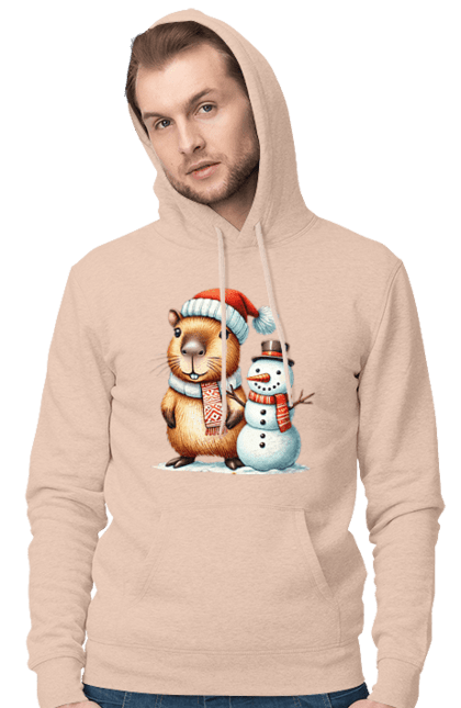 Men's hoodie with prints Capybara and Snowman. Animal, capybara, christmas, christmas capybara, gift, holiday, new year, new year`s gift, santa, snowman. 2070702