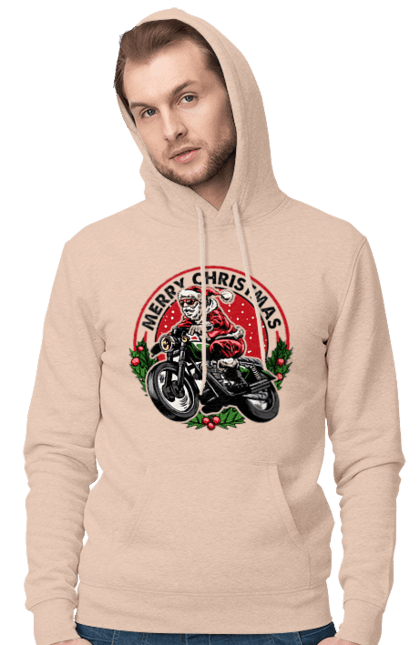 Чоловіче худі з принтом "Щасливого Різдва, дід мороз на мотоциклі". 2022, дід мороз, зима, мотоцикл, новий рік, подарунки, різдво, санта, сніг. 2070702