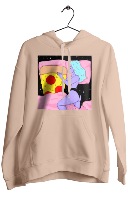 Чоловіче худі з принтом "Фіолетова Дівчина І Піца". Дівчина, ліжко, піца. 2070702