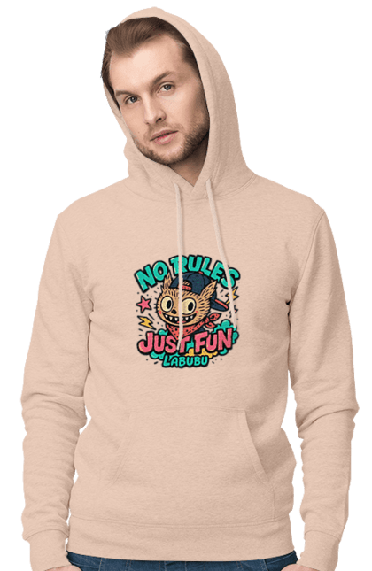 Чоловіче худі з принтом "Лабубу". Norulesjustfun, y2k, бандана, вуличний стиль, грайливий, графіті, зухвалий, лабубу, ретромультяшка, яскраво. 2070702