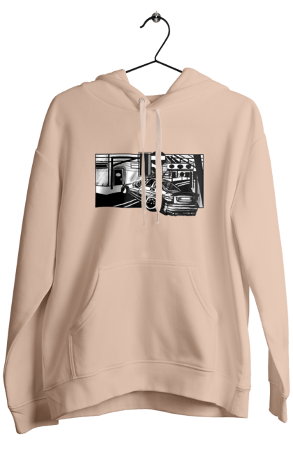 Men`s hoodie with prints Dangerous Car on the roads of the streets. Black and white, car, dangerous, fast, machine, race. 2070702