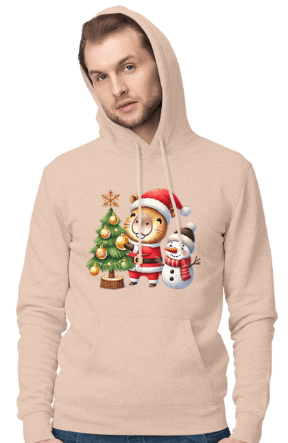 Men's hoodie with prints Christmas Capybara with a Tree. Animal, capybara, christmas, christmas capybara, christmas tree, gift, holiday, new year, new year`s gift, santa. 2070702