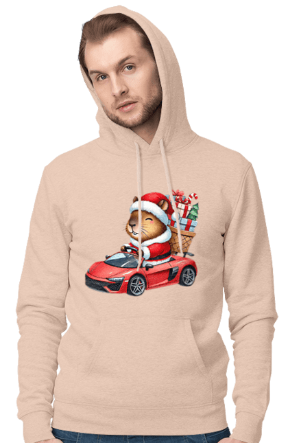 Men's hoodie with prints Christmas Capybara with a Gift. Animal, capybara, car, christmas, christmas capybara, gift, holiday, new year, new year`s gift, santa. 2070702