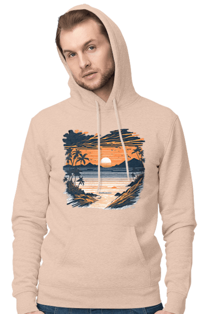 Чоловіче худі з принтом "Безтурботний пляж на заході сонця". Захід сонця, пляж, розслаблення. CustomPrint.market