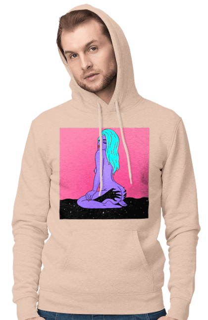 Чоловіче худі з принтом "Фіолетова Дівчина В Руках". Дівчина, інопланетянка, сидить. 2070702