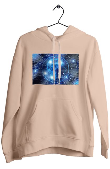 Чоловіче худі з принтом "Штучний інтелект". Айті, айтішник, гік, знання, інженер, інтелект, кібер, кібернетика, кіборг, код, комп, комп`ютерник, кристал, машинне навчання, мікросхема, мозок, портрет, програміст, професіонал, професія, розробник, розум, хакер, чіп, штучний інтелект, штучний розум. 2070702