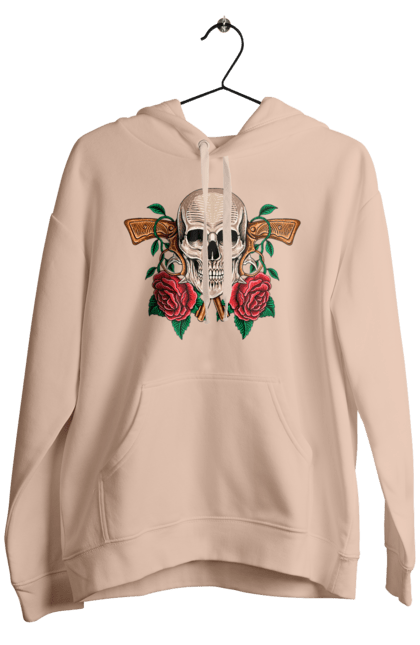 Men's hoodie with prints Skull with roses. Bones, eyes, flowers, gun, leaves, rose flower, scull, spikes, teeth. 2070702