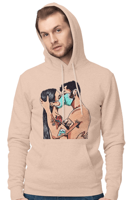 Men`s hoodie with prints Coronavirus Love. Coronavirus, kiss, love, mask, quarantine. 2070702