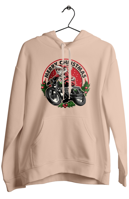 Чоловіче худі з принтом "Щасливого Різдва, дід мороз на мотоциклі". 2022, дід мороз, зима, мотоцикл, новий рік, подарунки, різдво, санта, сніг. 2070702