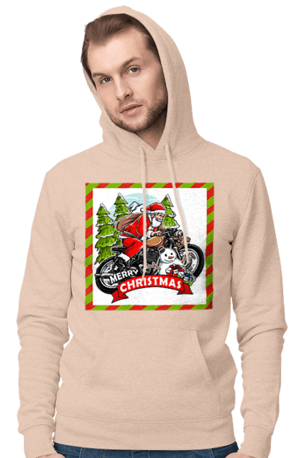 Men`s hoodie with prints Santa on a motorcycle. Christmas, motorcycle, new year, presents, santa, snowman, tree. 2070702