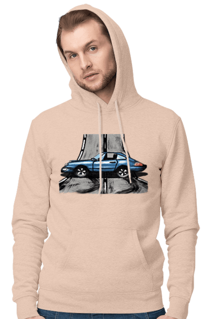 Men`s hoodie with prints Sports Car On The Road. Blue, car, fast, race, sports. 2070702