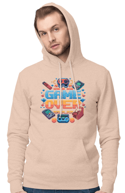 Чоловіче худі з принтом "Game Over". 90 ті, ай ті, відео гра, геймер, гра, для геймерів, для гравців, піксель арт. 2070702