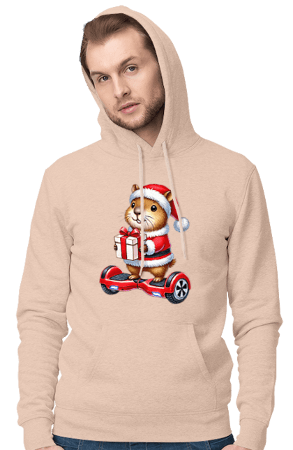 Men's hoodie with prints Christmas Capybara with a Gift. Animal, capybara, christmas, christmas capybara, gift, holiday, new year, new year`s gift, santa. 2070702