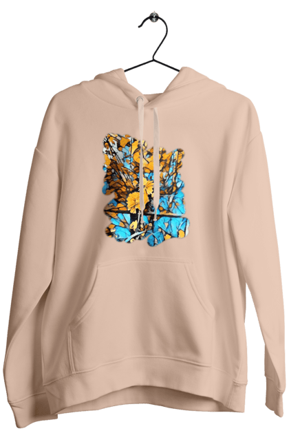 Men`s hoodie with prints Yellow flowers on a blue background. Art, blue and yellow, blue yellow, drawing, flowers, nature, yellow and blue, yellow blue, yellow flowers. 2070702