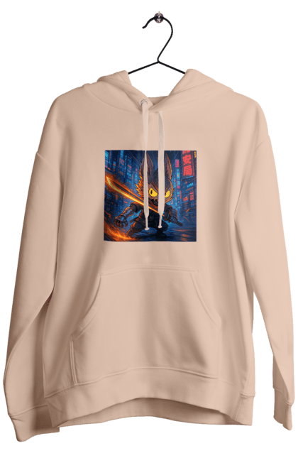 Чоловіче худі з принтом "Лабубу". Аніместиль, дія, катана, кіберніндзя, кіберпанк, лабубу, меч, неонове місто, очі` що світяться. 2070702