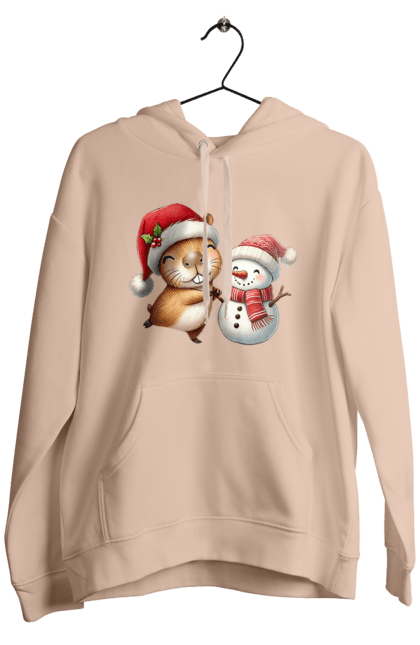 Men's hoodie with prints Capybara and Snowman. Animal, capybara, christmas, christmas capybara, gift, holiday, new year, new year`s gift, santa, snowman. 2070702