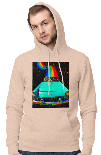 Чоловіче худі з принтом "Картина, машина у космосі". Веселка, картина, космос, машина, подорожі, поїздка, прикол, ретро. 2070702