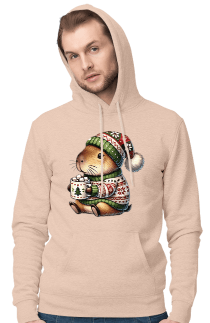 Men's hoodie with prints Capybara with hot chocolate. Animal, capybara, christmas, christmas capybara, gift, holiday, hot chocolate, new year, santa. 2070702