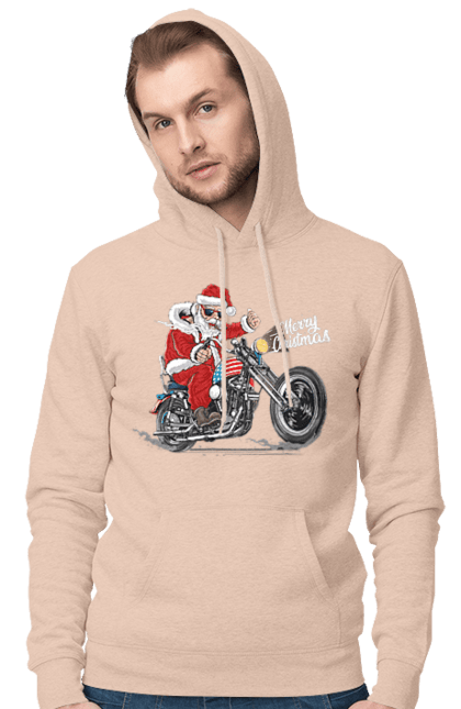 Чоловіче худі з принтом "Санта в окулярах на мотоциклі". Байкер, дід мороз, зима, мотоцикл, новий рік, різдво, санта, санта клаус, сніг, щасливого різдва. 2070702