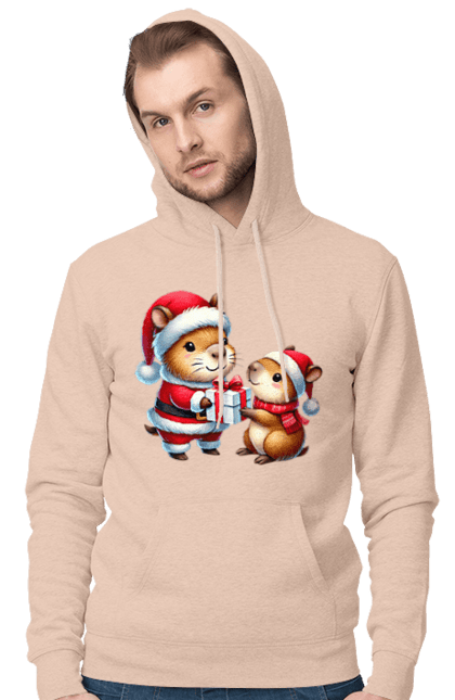 Men's hoodie with prints Christmas Capybara with a Gift. Animal, capybara, christmas, christmas capybara, gift, holiday, new year, new year`s gift, santa. 2070702