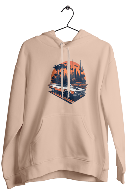 Men`s hoodie with prints Beautiful car at sunset. Auto, sun, sunset. 2070702