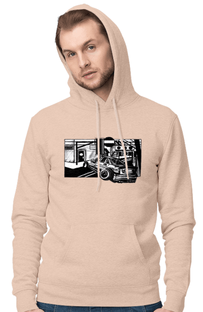Men`s hoodie with prints Dangerous Car on the roads of the streets. Black and white, car, dangerous, fast, machine, race. 2070702
