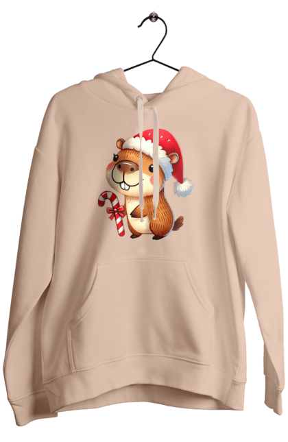 Men's hoodie with prints Capybara with Christmas Candy. Animal, capybara, christmas, christmas capybara, gift, holiday, lollipop, new year, new year`s gift, santa. 2070702