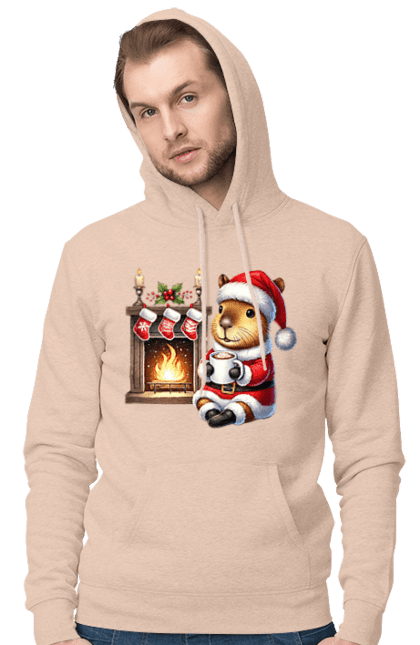 Men's hoodie with prints Capybara by the fireplace with hot chocolate. Animal, capybara, christmas, christmas capybara, fireplace, gift, holiday, hot chocolate, new year, santa. 2070702