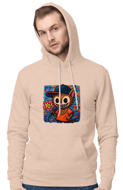 Чоловіче худі з принтом "Лабубу". Бейсболка, вуличне мистецтво, графіті, золотийланцюг, лабубу, мікрофон, міський стиль, репатмосфера, хіпхоп, яскраво. 2070702