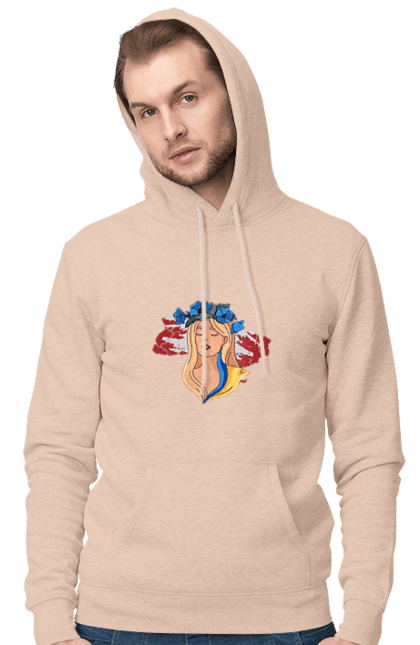 Men`s hoodie with prints Girl on the map of Ukraine. Blue, flag, flowers, girl, girl on the map, map of ukraine, red, ukraine, yellow. 2070702