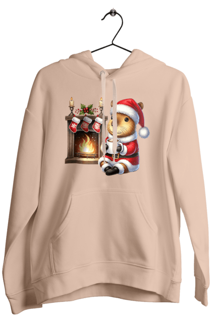 Men's hoodie with prints Capybara by the fireplace with hot chocolate. Animal, capybara, christmas, christmas capybara, fireplace, gift, holiday, hot chocolate, new year, santa. 2070702