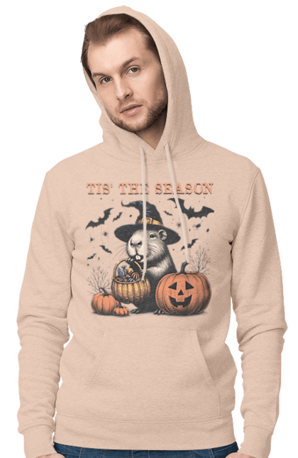 Men's hoodie with prints Capybara Halloween. Animal, capybara, ghost, halloween, holiday, moon, pumpkin, rodent, witch. 2070702