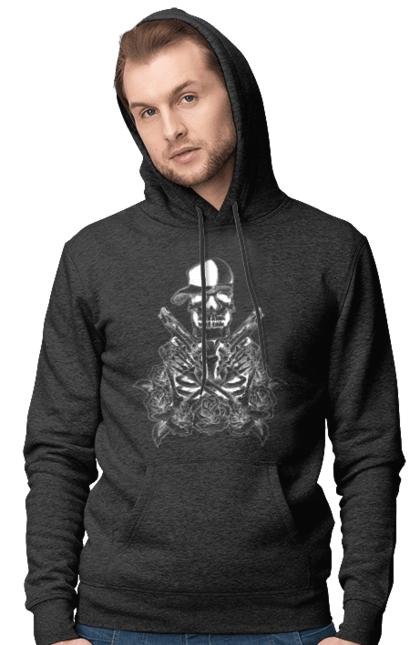 Men's hoodie with prints Skeleton with pistols. Black and white, bones, cap, gun, roses, scull, skeleton, teeth. 2070702