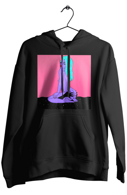 Чоловіче худі з принтом "Фіолетова Дівчина В Руках". Дівчина, інопланетянка, сидить. 2070702