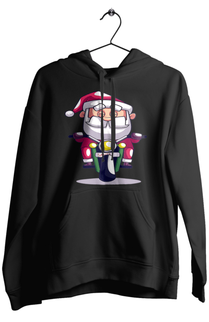 Чоловіче худі з принтом "Щасливий Санта на мотоциклі". 2022, дід мороз, зима, мотоцикл, новий рік, різдво, санта, сніг. 2070702