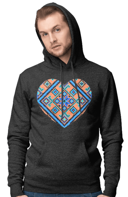 Men`s hoodie with prints Heart embroidery. Cross stitch, embroidered shirt, embroidery, heart, i love ukraine, symbols of ukraine, traditions of ukraine, ukraine. 2070702