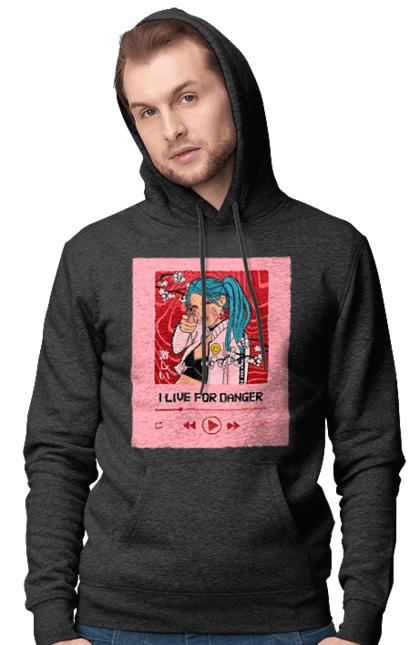 Men`s hoodie with prints I Live For Danger. Anime, music, pistol, turntable. 2070702