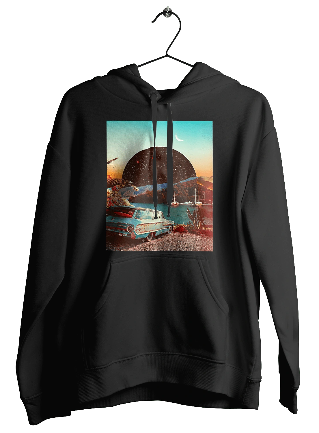 Painting, car by the river