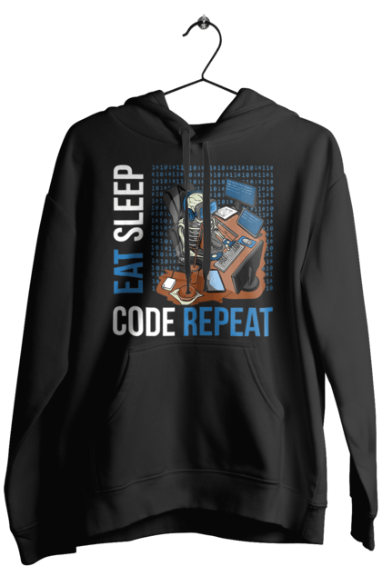 Чоловіче худі з принтом "Їж Cпи Кодуй Повторюй". Айті, айтішник, для айтішника, для програміста, їж спи, кодуй повторюй, подарунок айтішнику, подарунок програмісту, програміст, розробник. 2070702