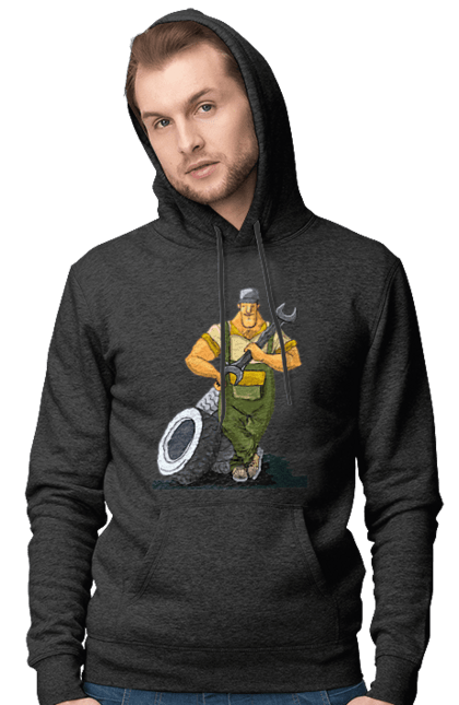 Чоловіче худі з принтом "Автомайстер". Гайковий ключ, колеса, професія. 2070702