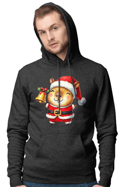 Men's hoodie with prints Funny capybara with a bell. Animal, bell, capybara, christmas, christmas capybara, gift, holiday, new year, new year`s gift, santa. 2070702