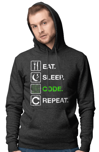Чоловіче худі з принтом "Їж Cпи Кодуй Повторюй". Айті, айтішник, для айтішника, для програміста, їж спи, кодуй повторюй, подарунок айтішнику, подарунок програмісту, програміст, розробник. 2070702