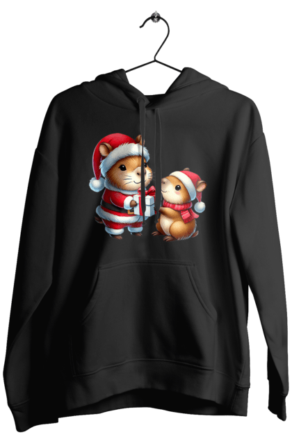 Men's hoodie with prints Christmas Capybara with a Gift. Animal, capybara, christmas, christmas capybara, gift, holiday, new year, new year`s gift, santa. 2070702