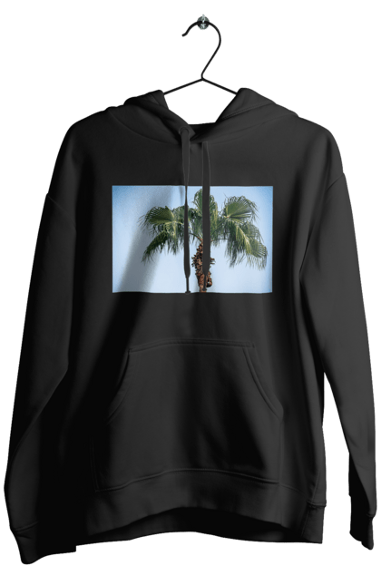 Чоловіче худі з принтом "Пальма на тлі неба". Берег, блакитне, відпочинок, відпустку, єгипет, зелений, зелені, лист, листя, море, небо, оазис, океан, острів, пальма, південь, подорож, пригоди, тропіки, туреччина. 2070702