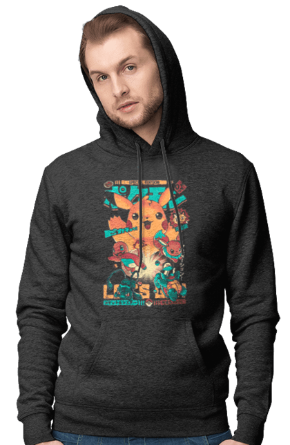 Men`s hoodie with prints Pokemon. Adventure master, adventures in youth, anime, boy eh, combat dimension, diamond and pearls, fate of rivals, galactic battles, games, pokemon, pokemon bulbasaurus, pokemon charmander, pokemon series, pokemon squirt, white and black, x and y, xy z. 2070702