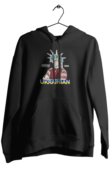 Men`s hoodie with prints UA & NY. Embroidered shirt, new york, statue of liberty, ukraine, wreath. 2070702