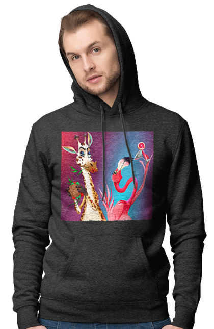 Чоловіче худі з принтом "Жираф І Фламінго На Вечірці". Жираф, їжа, коктейль, фламінго. 2070702