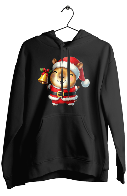 Men's hoodie with prints Funny capybara with a bell. Animal, bell, capybara, christmas, christmas capybara, gift, holiday, new year, new year`s gift, santa. 2070702