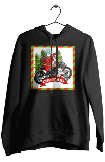 Чоловіче худі з принтом "Санта на мотоциклі". Мотоцикл, новий рік, подарунки, різдво, санта, сніговик, ялинка. 2070702